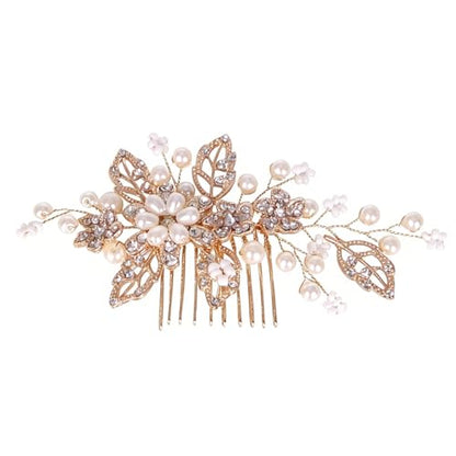 Flower Leaf Design Wedding Hair Comb, Metal Bridal Hair Accessory with Rhinestone, Wedding Prom Hair Clip Headpiece for Women (Gold Flower CZ) - color: Gold Flower CZ