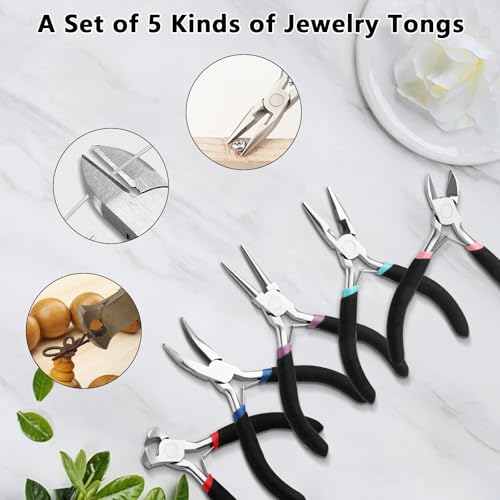 5 Pcs Jewelry Making Pliers Tools with Needle/Chain Nose Pliers, wire cutters Round Nose, Bent Nose-Matte Handle,jewelry making supplies for adults - style: 5pcs - Black