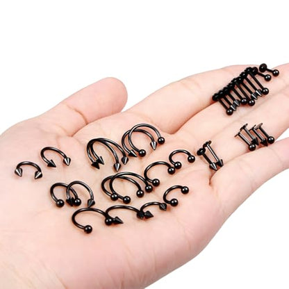 Lip Rings 32PCS Labret Jewelry Monroe Lip Barbell Ring Snake Bite Piercing Jewelry 16G Helix Earring Daith Tragus Cartilage Studs Surgical Steel Piercing Jewelry for Women Men - color: 32pcs,16 gauge,black