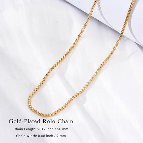 Eusense Stainless Steel Chain Necklace for Men Women Rolo/Wheat/Snake/Box Chain, 2-3MM, 20-24 Inches with Delicate Gift Box - color: 14K Gold-Plated, size: 20+2 Inches Length, style: Rolo Chain-2MM Width