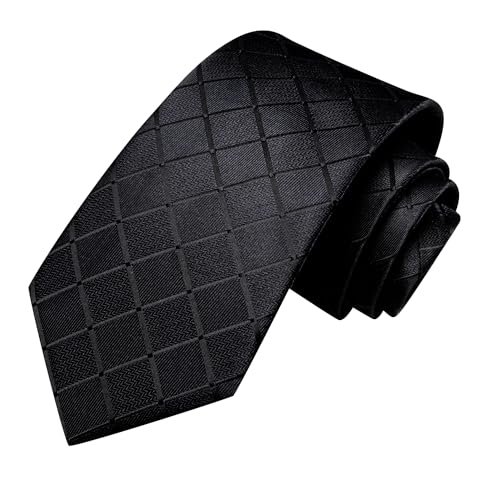 Hi-Tie Men 63inches Tie Set Extra Long Necktie Paisley Tie Pocket Suqare Cufflinks Big and Tall Men Tie - color: Black Plaid
