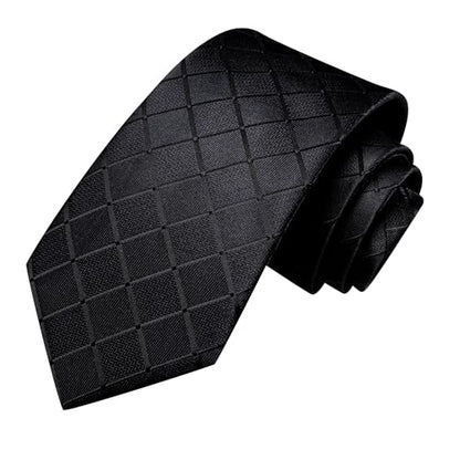 Hi-Tie Men 63inches Tie Set Extra Long Necktie Paisley Tie Pocket Suqare Cufflinks Big and Tall Men Tie - color: Black Plaid