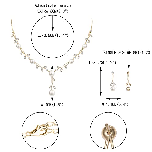 EVER FAITH Cubic Zirconia Pearl Leaf Vine Wedding Jewelry Set for Bride | Crystal Filigree Bridal Necklace Earrings, for Women Bridesmaid - color: 2pcs_Clear Gold-Plated-Brass