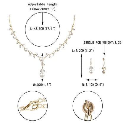 EVER FAITH Cubic Zirconia Pearl Leaf Vine Wedding Jewelry Set for Bride | Crystal Filigree Bridal Necklace Earrings, for Women Bridesmaid - color: 2pcs_Clear Gold-Plated-Brass