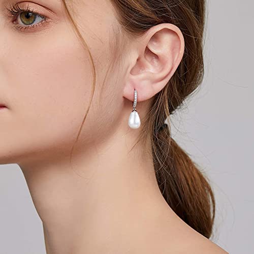 CERSLIMO Pearl Drop Earrings for Women | S925 Sterling Silver Post Simulated Shell Pearl Hoop Dangle Earrings, Hypoallergenic Cubic Zirconia Huggies Earrings Bridesmaid Jewelry - style: 02 Silver-Teardrop