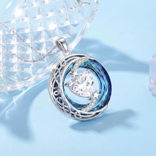 Birthstone Necklace for Women Crystal Moon and Star Pendant White Gold Celtic Moon Jewelry Birthday Graduation Gifts for Wife Her - style: Moon-4