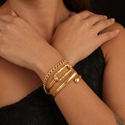 Moodear Chunky Gold Bangle Bracelets for Women, 14K Gold Plated/Silver Cuff | Chunky Statement Jewelry with Hammered Texture, Non Tarnish Gold Plated Finish, Unique Cuff Design, Lightweight Comfort - style: Paperclip Bangle Gold 18.5cm （≈7IN）