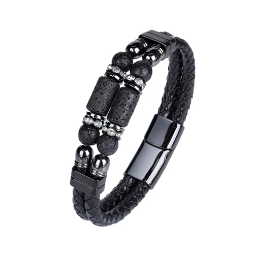 Mens Leather Turquoise/Tiger Eye/Obsidian/Lava Stone Bracelet–Braided Multi‑Layer Wristband Cuff Bangle Barcelet–Jewelry Box and Pouch Packing - color: Lava Rock Stone, size: 9in(Fits larger wrists)