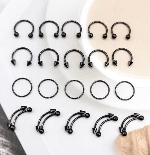 40Pcs Surgical Steel Lip Rings Labret Monroe Barbell Daith Tragus Helix Piercing Septum Nose Ring Eyebrow Body Jewelry for Women Men - color: Black