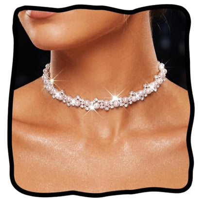 JEAIRTS Pearl Rhinestone Choker Necklace Sparkly Collar Jewelry for Women | Trendy pearls chokers,bling crystal formal prom wedding necklaces