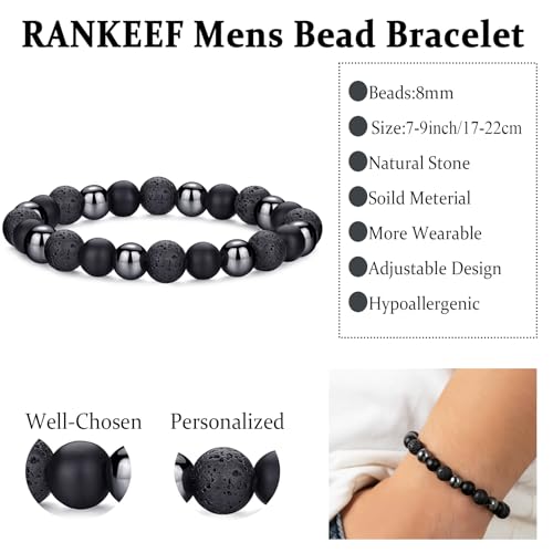 Mens Bead Bracelet Set - Adjustable Elastic Rope With 6&8MM Natural Stone Multi-Colored Beads - Tiger Eye Bracelets for Men - Gift - style: 1,3 Black beads