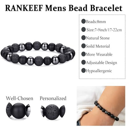 Mens Bead Bracelet Set - Adjustable Elastic Rope With 6&8MM Natural Stone Multi-Colored Beads - Tiger Eye Bracelets for Men - Gift - style: 1,3 Black beads