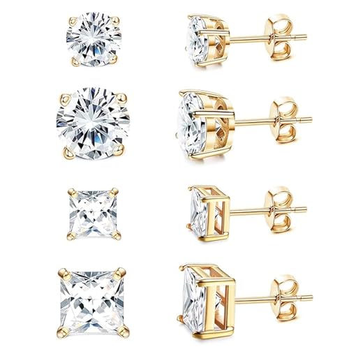 SEEDRILL Stud Earrings for Women Men Square & Round AAAAA+ Cubic Zirconia Earrings 18K Gold Plated Hypoallergenic 316L Surgical Stainless Steel CZ Earrings 3-6mm 4 Pairs - color: Gold