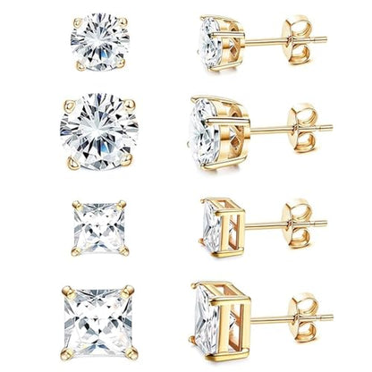 SEEDRILL Stud Earrings for Women Men Square & Round AAAAA+ Cubic Zirconia Earrings 18K Gold Plated Hypoallergenic 316L Surgical Stainless Steel CZ Earrings 3-6mm 4 Pairs - color: Gold