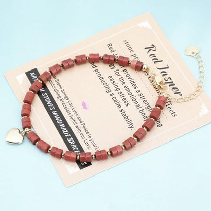 Natural Gemstone Healing Crystal Dainty Charms Bracelet Adjustable Chain Extender Minimalist Jewelry - color: Red Jasper + Heart