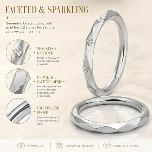 2PCS 16G Titanium Nose Rings for Women, Nostril and Septum | F136 Implant Grade Titanium, Hypoallergenic, 1.2 mm ×8 mm, Faceted and CZ Hinged Clicker Hoops for Nostril or Septum - color: Style B Silver-8mm