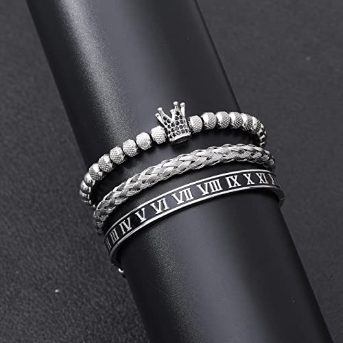 WFYOU 3PCS Stainless Steel Imperial Crown Bracelets for Men Gold Roman Numeral Bangle Bracelet Adjustable Cuff Bracelet Mens Luxury Jewelry Gifts - style: 02:Silver-Roman Numeral