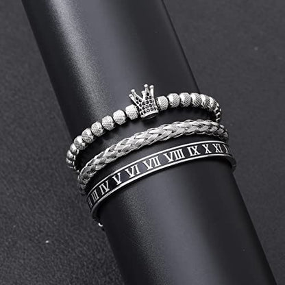 WFYOU 3PCS Stainless Steel Imperial Crown Bracelets for Men Gold Roman Numeral Bangle Bracelet Adjustable Cuff Bracelet Mens Luxury Jewelry Gifts - style: 02:Silver-Roman Numeral