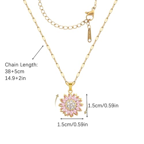 Sunflower Fidget Necklace for Women Gold Moon Necklace Rotating Heart Necklaces Spinning Crystal Flower Anxiety Necklaces Crescent Moons Jewelry Accessories - color: Pink