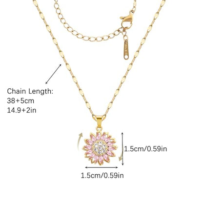 Sunflower Fidget Necklace for Women Gold Moon Necklace Rotating Heart Necklaces Spinning Crystal Flower Anxiety Necklaces Crescent Moons Jewelry Accessories - color: Pink