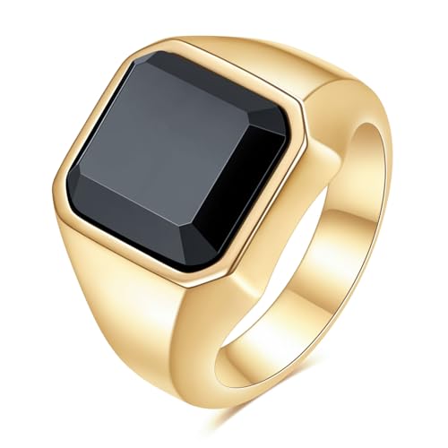VQYSKO 14K Gold Plated Square Signet Ring | Stainless Steel Band for Men - color: Gold+Black