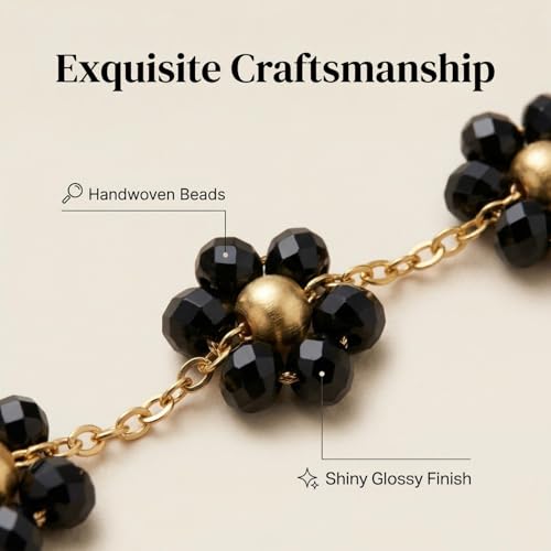 Daisy Pearl Jewelry Set for Women, 14K Gold Plated Stainless Steel Necklace Bracelet Earring 3 Piece Set, Dainty Pearl Choker Flower Necklace Birthday Gift for Her - color: Black
