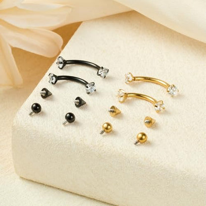 FECTAS Internal Threaded Eyebrow Rook Piercing Jewelry 16G Earrings 8/10mm Vertical Labret Lip Jewelry Curved Barbell Eyebrow Rings Tiny Small Belly Rings Ear Rook Helix Conch Daith Piercing Jewelry - color: gold&black