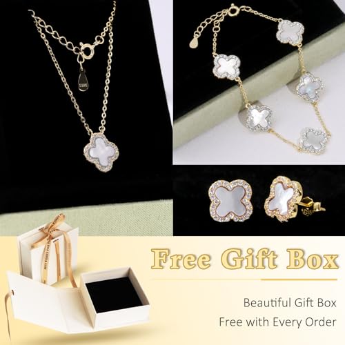 925 Sterling Silver Four Leaf Clover Bracelet – Real Silver Lucky Clover Jewelry for Women, Dainty Good Luck Gift for Her - color: Gold – MOP Set
