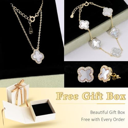 925 Sterling Silver Four Leaf Clover Bracelet – Real Silver Lucky Clover Jewelry for Women, Dainty Good Luck Gift for Her - color: Gold – MOP Set