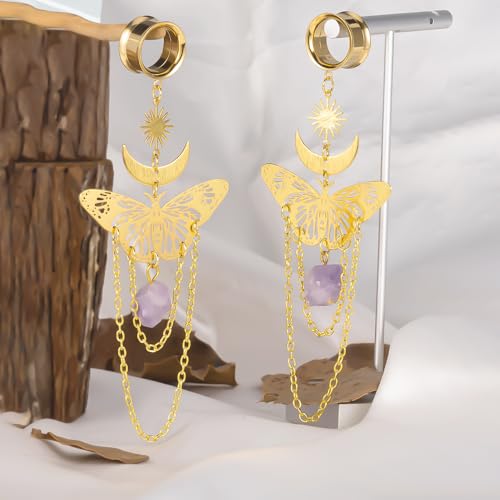 DOEARKO 2PCS New Butterfly-Pendant Hypoallergenic Stainless Steel Dangle Ear Plugs Tunnels Ear Gauges Stretcher Pair Selling 2g 0g Piercing Body Jewelry - color: Gold, size: 14mm
