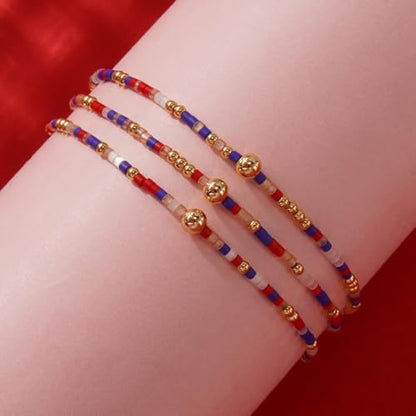 Colorful Gold Beaded Bracelets for Women Boho Tiny Gold Plated Ball Stretch Stackable Small Seed Beads Bracelet Stack Trendy Jewelry Set Dainty Vacation Friendship Christmas Gifts for Women - color: Red Blue