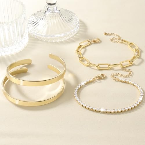 Gold Bracelets Stack Jewelry for Women Non Tarnish Waterproof | 14K Gold Plated Bangle Cuff Bracelet Set Accessories - color: Gold, style: Style B
