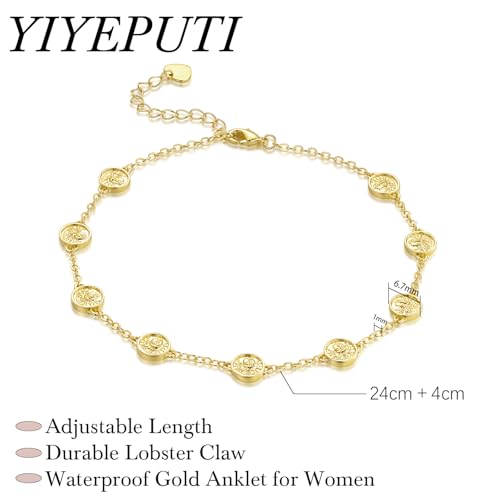 14K Gold Anklets for Women Gold Ankle Bracelets for Women Anklet | 14K Gold Anklets for Women Coin Portrait Relief Gold Ankle Bracelets for Women Beach Anklets Coin Anklet for Womens 9.4-11in