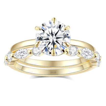 Moissanite Wedding Ring Bridal Set for Women, 3.3CTTW(2CT Center) Round Cut 9K Gold Plated D Color VVS1 Clarity, 925 Sterling Silver Wedding Band Engagement Rings for Her