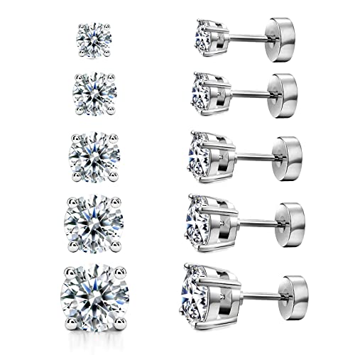 Kainier Women's 14K Gold Plated CZ Stud Earrings Simulated Diamond Round Cubic Zirconia Ear Stud Set（5 Pairs)… - color: Flatback-Platinum