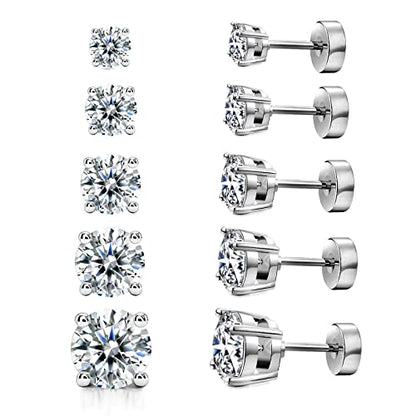 Kainier Women's 14K Gold Plated CZ Stud Earrings Simulated Diamond Round Cubic Zirconia Ear Stud Set（5 Pairs)… - color: Flatback-Platinum