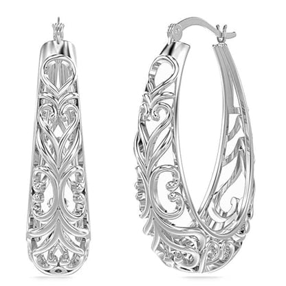 LeCalla 925 Sterling Silver Hoop Earrings | Women's Filigree Hoop Earrings | Openwork Mesh Filigree Cut Earring | Lightweight & Hypoallergenic Vintage Hoop Earrings for Women - style: Silver / Oval Filigree