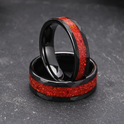 Tungsten Rings for Men Women 8mm/6mm Hammered Wedding Bands | Black and Red Men's Engagement Rings Inlaid with Red Opal High Polish, suitable for couples' anniversaries and everyday wear - color: 6mm black and red