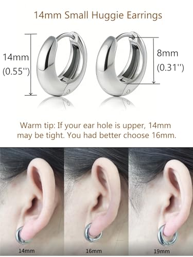 Chunky Small Hoop Earrings for Women 14mm/16mm/19mm Stainless Steel Huggie Earrings Everyday Jewelry Gift for Wife Mom, with Gift Box - color: Silver 14mm