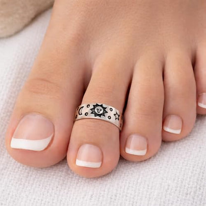 AeraVida .925 Sterling Silver Adjustable Toe Ring or Pinky Ring 5mm Wide Open Band, Stackable Minimalist Summer Foot Jewelry | Sun Moon Star Turtle Butterfly Leaf Olive Branch Ocean Wave Yin Yang Design - style: Celestial Sky 1