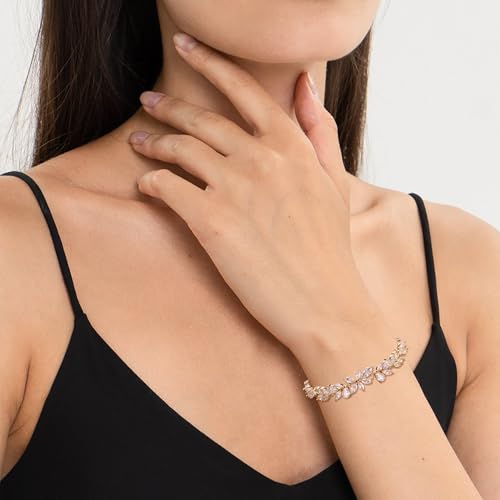 Crysdue Wedding Jewelry Set for Brides Bridesmaid, Cubic Zirconia Teardrop Marquise Leaf Cluster Pendant Necklace Bridal Tennis Bracelet Drop Earrings for Women Party Prom - style: C- Marquise CZ-gold