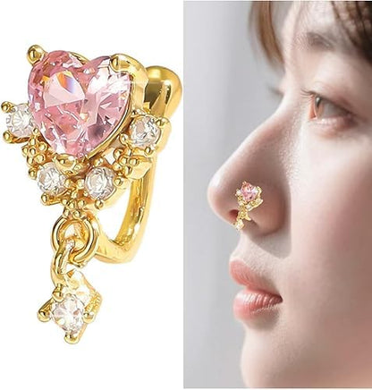 1-PCS Heart Clip On Earrings, Pink Crystal Fake Earrings No Piercing | Women Cute Dangle Ear Clip,Gold Dangle Nose Ring,Gold Dangles Heart Nose Ring