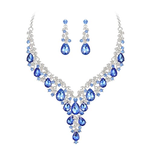 Wedding Bridal Necklace Earrings Jewelry Set for Women | Gorgeous Austrian Crystal Teardrop Flower Cluster for Bridal Bride Bridesmaid - color: 2Pcs-Navy Blue Silver-Tone