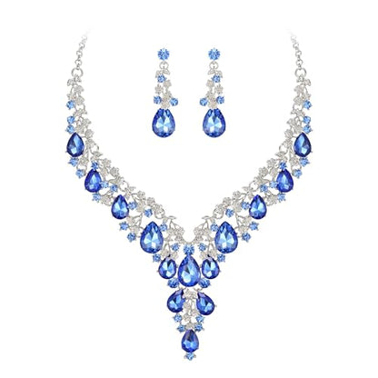 Wedding Bridal Necklace Earrings Jewelry Set for Women | Gorgeous Austrian Crystal Teardrop Flower Cluster for Bridal Bride Bridesmaid - color: 2Pcs-Navy Blue Silver-Tone