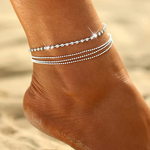 Fesciory Heart Rhinestone Ankle Bracelets for Women, Adjustable Silver Plated Shiny Tennis Anklets, Twinkle Cubic Zircon Imitation Diamond Anklet Foot Chain Jewelry Gifts - color: 3 Layer Rhinestone