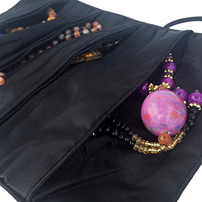 Travel Jewelry Roll Bag - Silk Embroidered Brocade Pouch for Rings, Necklaces, Earrings, Bracelets | Lightweight & Tie Closure (Black) - color: Black