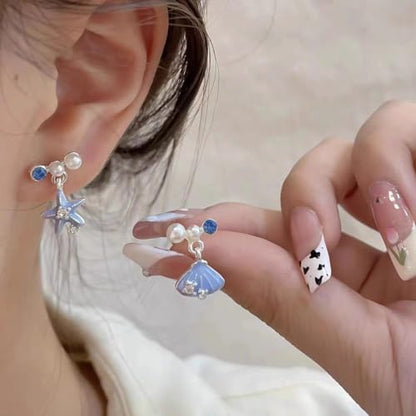 Starfish Shell Mismatched Drop Earrings for Women Blue Ocean Theme Dangle Earrings with Pearl Crystal Accents
