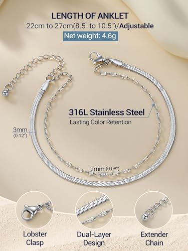 PROSTEEL Anklets for Women Waterproof, Silver/Gold/Black, Stainless Steel | Layered Anklets, Stainless Steel, Durable& No Tarnish, Summer Beach Jewelry, with Gift Box, 8-10.5" Adjustable, Plus Size - color: Silver, size: snake & paperclip