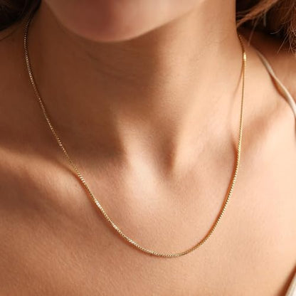 14K Gold Plated Chain Necklace for Women Trendy - 925 Sterling Silver Clasp | Waterproof Dainty Choker Necklace, 14/16/18/20 inch Thin Simple Box Figaro Chain Herringbone Necklace Jewelry for Women Men - color: Box