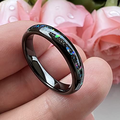 TUTISS 4mm Silver/Black Tungsten Rings for Women Men Engagement Wedding Bands Genuine Blue Green Galaxy Opal Inlay Domed Polished Comfort Fit - color: 4mm Black Tungsten Galaxy Opal
